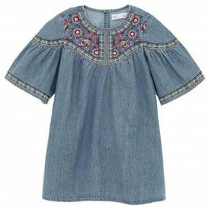 Zara Kids Chambray Denim Embroidered Dress Wide Sleeves Cotton NWT Size 8